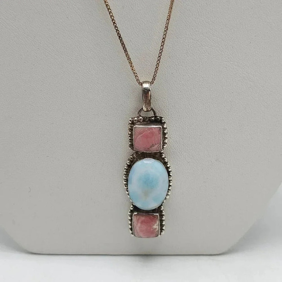 Sterling Silver Pendant Necklace With Blue Larimar Pink Rhodochrosite Stones - Picture 1 of 8